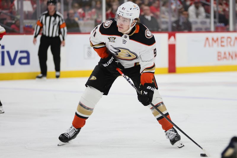 Jan 15, 2024; Sunrise, Florida, USA; Anaheim Ducks center Leo Carlsson (91) moves the puck against the Florida Panthers during the third period at Amerant Bank Arena. Mandatory Credit: Sam Navarro-USA TODAY Sports