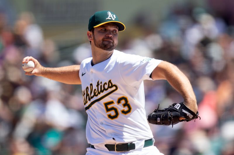May 7, 2025; West Sacramento, California, USA; Athletics starting pitcher Gunnar Hoglund (53) delivers a pitch against the Seattle Mariners during the fifth inning at Sutter Health Park. Mandatory Credit: D. Ross Cameron-Imagn Images