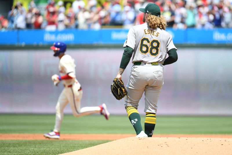 Jul 14, 2024; Philadelphia, Pennsylvania, USA; Oakland Athletics pitcher Joey Estes (68) reacts after allowing home run to Philadelphia Phillies shortstop Trea Turner (7) during the first inning at Citizens Bank Park. Mandatory Credit: Eric Hartline-USA TODAY Sports