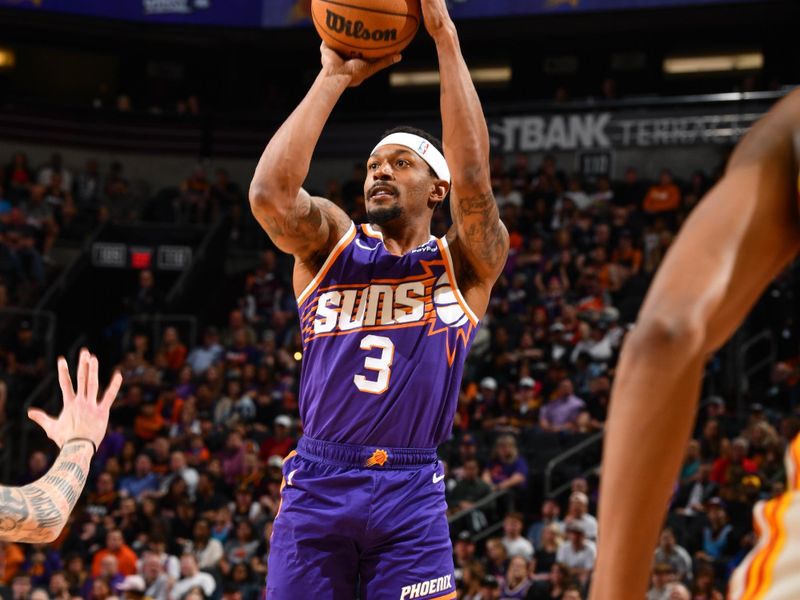 PHOENIX, AZ - MARCH 21:  Bradley Beal #3 of the Phoenix Suns shoots the ball during the game  on March 21, 2024 at Footprint Center in Phoenix, Arizona. NOTE TO USER: User expressly acknowledges and agrees that, by downloading and or using this photograph, user is consenting to the terms and conditions of the Getty Images License Agreement. Mandatory Copyright Notice: Copyright 2024 NBAE (Photo by Barry Gossage/NBAE via Getty Images)