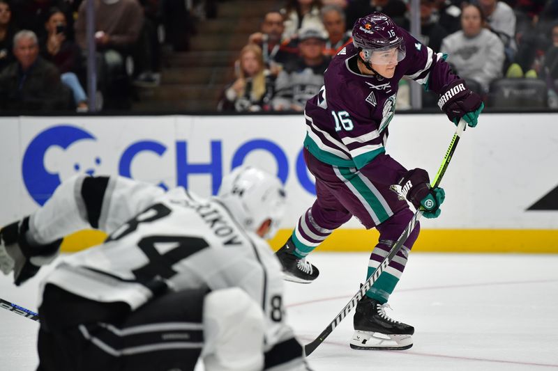 Nov 24, 2023; Anaheim, California, USA; Anaheim Ducks center Ryan Strome (16) moves in for a shot against the Los Angeles Kings during the second period at Honda Center. Mandatory Credit: Gary A. Vasquez-USA TODAY Sports