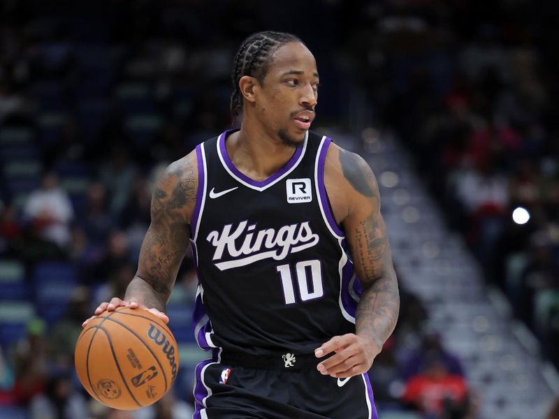 NEW ORLEANS, LOUISIANA - DECEMBER 12: DeMar DeRozan #10 of the Sacramento Kings drives with the ball against the New Orleans Pelicans during a game at the Smoothie King Center on December 12, 2024 in New Orleans, Louisiana. NOTE TO USER: User expressly acknowledges and agrees that, by downloading and or using this Photograph, user is consenting to the terms and conditions of the Getty Images License Agreement. (Photo by Jonathan Bachman/Getty Images)