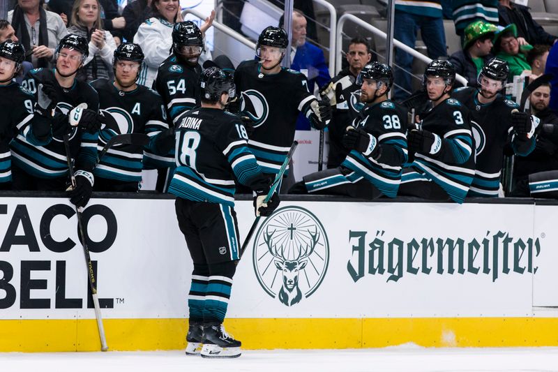 Mar 5, 2024; San Jose, California, USA; San Jose Sharks right wing Filip Zadina (18) celebrates with the bench after he scored a goal against the Dallas Stars during the second period at SAP Center at San Jose. Mandatory Credit: John Hefti-USA TODAY Sports