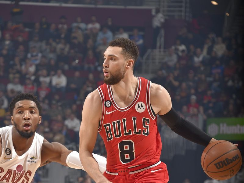 CLEVELAND, OH - FEBRUARY 11: Zach LaVine #8 of the Chicago Bulls dribbles the ball during the game against the Cleveland Cavaliers  on February 11, 2023 at Rocket Mortgage FieldHouse in Cleveland, Ohio. NOTE TO USER: User expressly acknowledges and agrees that, by downloading and/or using this Photograph, user is consenting to the terms and conditions of the Getty Images License Agreement. Mandatory Copyright Notice: Copyright 2023 NBAE (Photo by David Liam Kyle/NBAE via Getty Images)