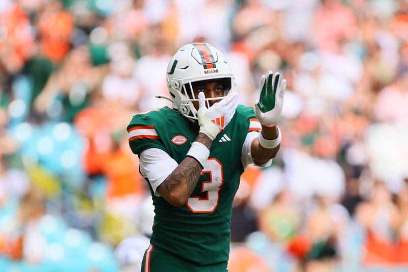 Nov 2, 2024; Miami Gardens, Florida, USA; Miami Hurricanes wide receiver Jacolby George (3) celebrates after scoring a touchdown against the Duke Blue Devils during the fourth quarter at Hard Rock Stadium. Mandatory Credit: Sam Navarro-Imagn Images