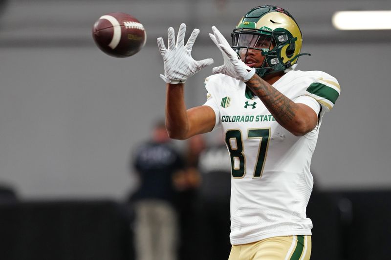 Oct 21, 2023; Paradise, Nevada, USA; Colorado State Rams tight end Mason Muaau (87) warms before a game against the UNLV Rebels at Allegiant Stadium. Mandatory Credit: Stephen R. Sylvanie-USA TODAY Sports