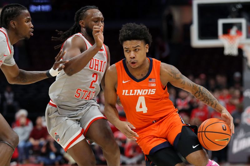 Jan 30, 2024; Columbus, Ohio, USA; Illinois Fighting Illini guard Justin Harmon (4) dribbles the ball as Ohio State Buckeyes guard Bruce Thornton (2) defends during the first half at Value City Arena. Mandatory Credit: Joseph Maiorana-USA TODAY Sports