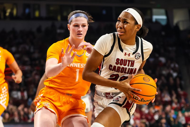 Mar 3, 2024; Columbia, South Carolina, USA; South Carolina Gamecocks guard Bree Hall (23) drives into Tennessee Lady Vols guard Sara Puckett (1) in the first half at Colonial Life Arena. Mandatory Credit: Jeff Blake-USA TODAY Sports