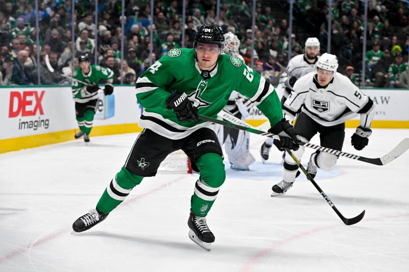 Jan 16, 2024; Dallas, Texas, USA; Dallas Stars center Roope Hintz (24) against the Los Angeles Kings during the second period at the American Airlines Center. Mandatory Credit: Jerome Miron-USA TODAY Sports