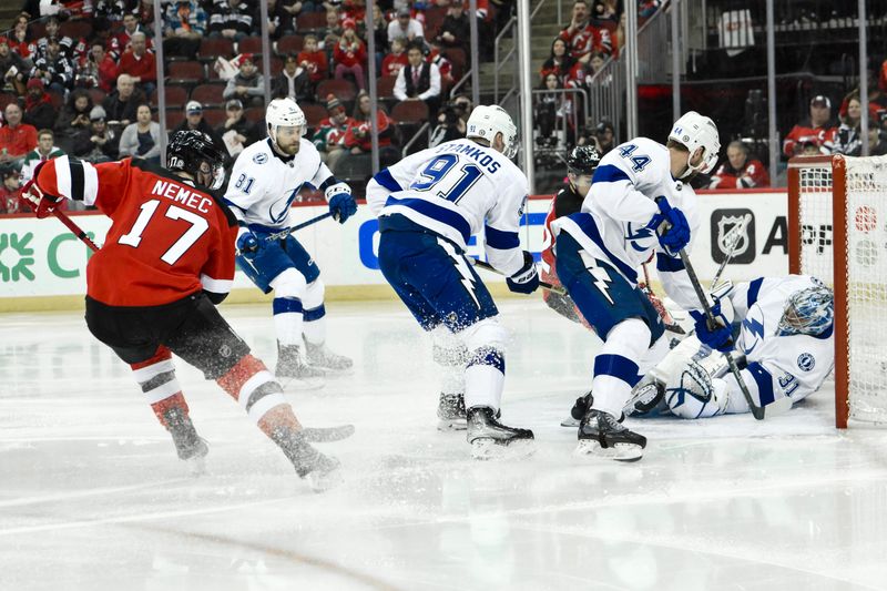 Feb 25, 2024; Newark, New Jersey, USA; Tampa Bay Lightning goaltender Jonas Johansson (31) makes a save against the New Jersey Devils during the second period at Prudential Center. Mandatory Credit: John Jones-USA TODAY Sports