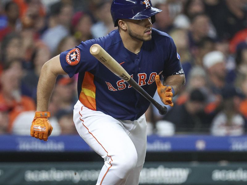 Aug 1, 2023; Houston, Texas, USA; Houston Astros designated hitter Yainer Diaz (21) hits a single during the sixth inning against the Cleveland Guardians at Minute Maid Park. Mandatory Credit: Troy Taormina-USA TODAY Sports