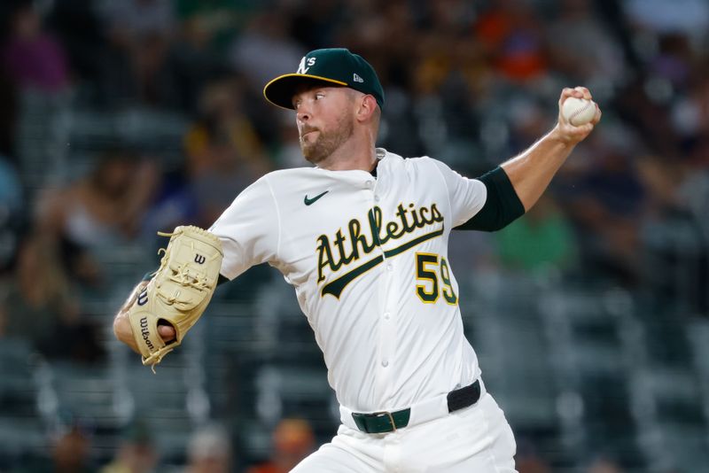 Sep 23, 2025; West Sacramento, California, USA; Athletics starting pitcher Jeffrey Springs (59) throws during the first inning against the Houston Astros at Sutter Health Park. Mandatory Credit: Sergio Estrada-Imagn Images