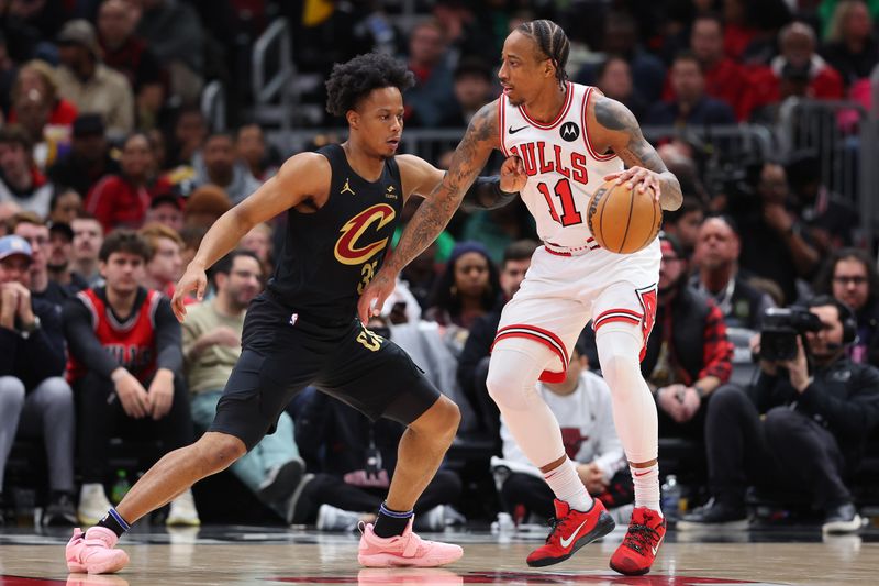 CHICAGO, ILLINOIS - FEBRUARY 28: DeMar DeRozan #11 of the Chicago Bulls drives to the basket against Isaac Okoro #35 of the Cleveland Cavaliers during the first half at the United Center on February 28, 2024 in Chicago, Illinois. NOTE TO USER: User expressly acknowledges and agrees that, by downloading and or using this photograph, User is consenting to the terms and conditions of the Getty Images License Agreement. (Photo by Michael Reaves/Getty Images)