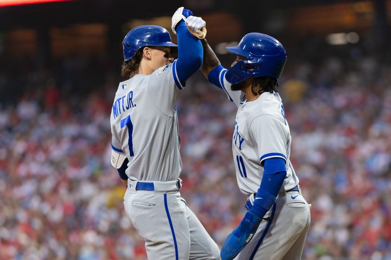 Aug 4, 2023; Philadelphia, Pennsylvania, USA; Kansas City Royals shortstop Bobby Witt Jr. (7) celebrates his two RBI home run with third baseman Maikel Garcia (11) during the third inning against the Philadelphia Phillies at Citizens Bank Park. Mandatory Credit: Bill Streicher-USA TODAY Sports