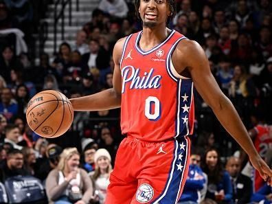 PHILADELPHIA, PA - DECEMBER 22:  Tyrese Maxey #0 of the Philadelphia 76ers handles the ball during the game against the Toronto Raptors on December 22, 2023 at the Wells Fargo Center in Philadelphia, Pennsylvania NOTE TO USER: User expressly acknowledges and agrees that, by downloading and/or using this Photograph, user is consenting to the terms and conditions of the Getty Images License Agreement. Mandatory Copyright Notice: Copyright 2023 NBAE (Photo by David Dow/NBAE via Getty Images)