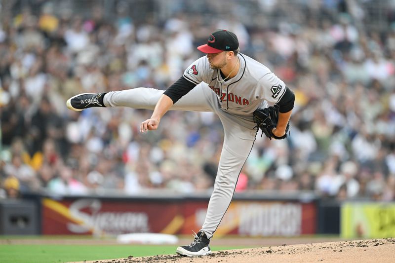 July 5, 2024; San Diego, California, USA; Arizona Diamondbacks starting pitcher Slade Cecconi (43) pitches during the second inning against the San Diego Padres at Petco Park. Mandatory Credit: Denis Poroy-USA TODAY Sports