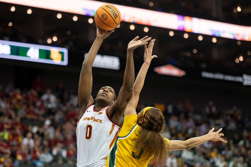 Mar 9, 2024; Kansas City, MO, USA; Iowa State Cyclones center Isnelle Natabou (0) shoots the ball while defended by Baylor Lady Bears guard Darianna Littlepage-Buggs (5) during the second half at T-Mobile Center. Mandatory Credit: Amy Kontras-USA TODAY Sports