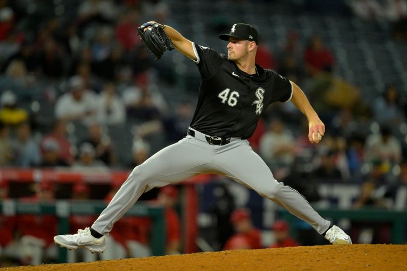 Sep 17, 2024; Anaheim, California, USA;  Chicago White Sox relief pitcher Jake Eder (46) delivers to the plate in the eighth inning against the Los Angeles Angels at Angel Stadium. Mandatory Credit: Jayne Kamin-Oncea-Imagn Images