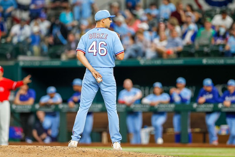 Apr 2, 2023; Arlington, Texas, USA; Texas Rangers relief pitcher Brock Burke (46) comes on during the sixth inning against the Philadelphia Phillies at Globe Life Field. Mandatory Credit: Andrew Dieb-USA TODAY Sports