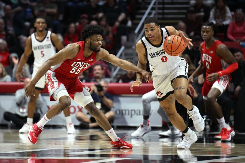 Feb 11, 2023; San Diego, California, USA; San Diego State Aztecs forward Keshad Johnson (0) dribbles the ball while defended by UNLV Rebels guard EJ Harkless (55) during the first half at Viejas Arena. Mandatory Credit: Orlando Ramirez-USA TODAY Sports