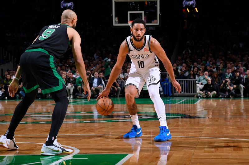 BOSTON, MA - NOVEMBER 8: Ben Simmons #10 of the Brooklyn Nets dribbles the ball during the game against the Boston Celtics on November 8, 2024 at TD Garden in Boston, Massachusetts. NOTE TO USER: User expressly acknowledges and agrees that, by downloading and/or using this Photograph, user is consenting to the terms and conditions of the Getty Images License Agreement. Mandatory Copyright Notice: Copyright 2024 NBAE (Photo by Brian Babineau/NBAE via Getty Images)