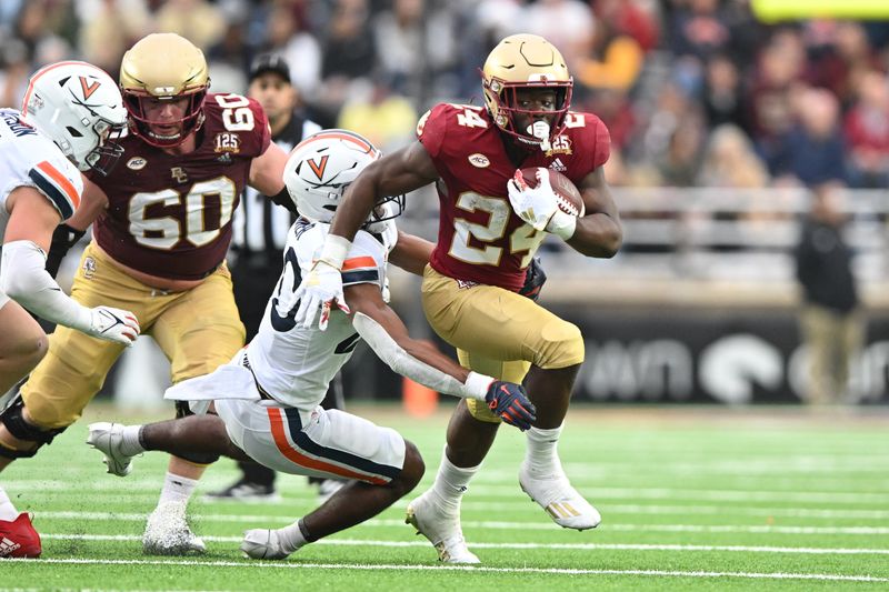 Sep 30, 2023; Chestnut Hill, Massachusetts, USA; Boston College Eagles running back Pat Garwo III (24) runs with the ball against the Virginia Cavaliers during the second half at Alumni Stadium. Mandatory Credit: Brian Fluharty-USA TODAY Sports