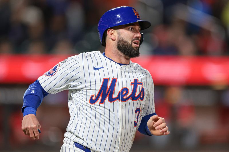 Apr 26, 2024; New York City, New York, USA;  New York Mets catcher Tomas Nido (3) looks up at his solo home run during the fifth inning against the St. Louis Cardinals at Citi Field. Mandatory Credit: Vincent Carchietta-USA TODAY Sports