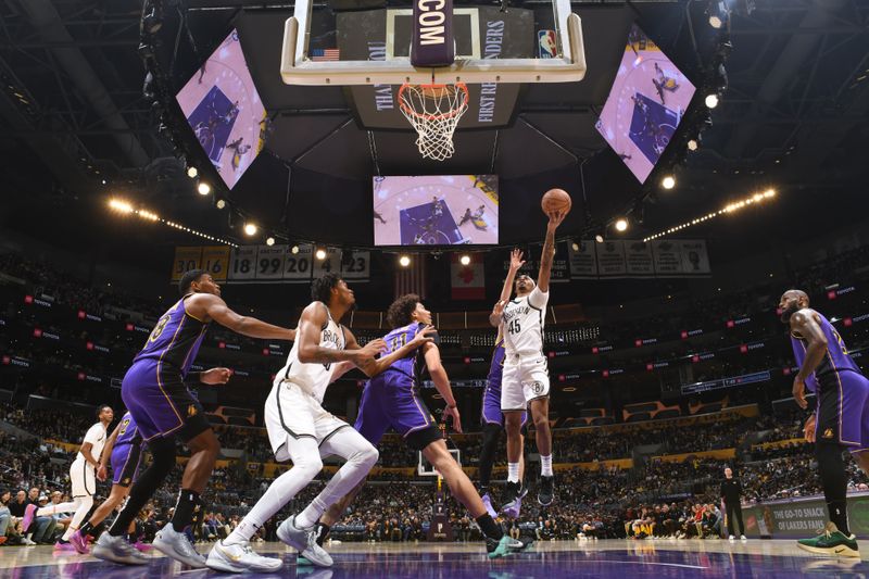 LOS ANGELES, CA - JANUARY 17: Keon Johnson #45 of the Brooklyn Nets drives to the basket during the game against the Los Angeles Lakers on January 17, 2025 at Crypto.Com Arena in Los Angeles, California. NOTE TO USER: User expressly acknowledges and agrees that, by downloading and/or using this Photograph, user is consenting to the terms and conditions of the Getty Images License Agreement. Mandatory Copyright Notice: Copyright 2025 NBAE (Photo by Adam Pantozzi/NBAE via Getty Images)