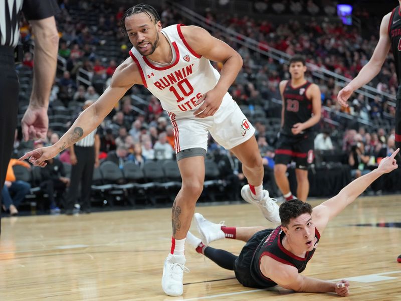 Mar 8, 2023; Las Vegas, NV, USA; Utah Utes guard Marco Anthony (10) and Stanford Cardinal guard Michael O'Connell (5) react after the ball goes out of bounds during the second half at T-Mobile Arena. Mandatory Credit: Stephen R. Sylvanie-USA TODAY Sports