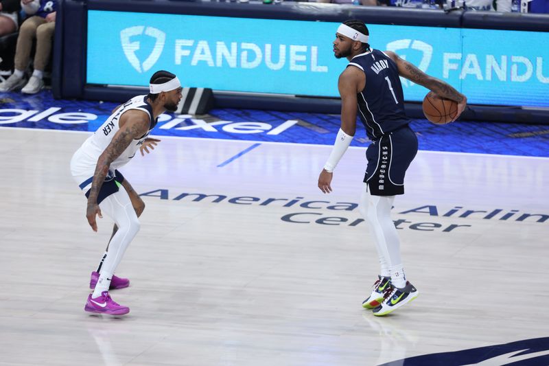 DALLAS, TX - MAY 26: Jaden Hardy #1 of the Dallas Mavericks dribbles the ball during the game against the Minnesota Timberwolves during Game 3 of the Western Conference Finals of the 2024 NBA Playoffs on May 26, 2024 at the American Airlines Center in Dallas, Texas. NOTE TO USER: User expressly acknowledges and agrees that, by downloading and or using this photograph, User is consenting to the terms and conditions of the Getty Images License Agreement. Mandatory Copyright Notice: Copyright 2024 NBAE (Photo by David Sherman/NBAE via Getty Images)