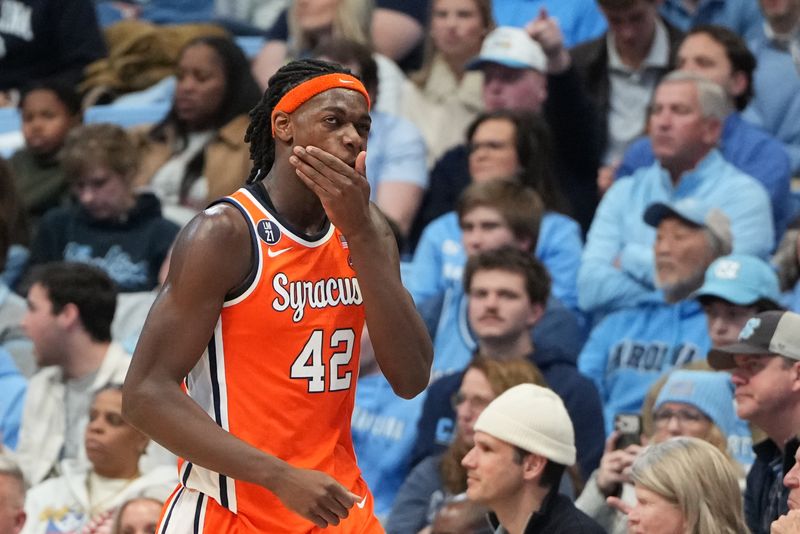 Feb 2, 2026; Chapel Hill, North Carolina, USA;  Syracuse Orange forward William Kyle III (42) reacts in the second half at Dean E. Smith Center. Mandatory Credit: Bob Donnan-Imagn Images