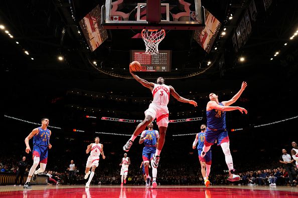 TORONTO, CANADA - DECEMBER 20:  OG Anunoby #3 of the Toronto Raptors goes to the basket during the game on December 20, 2023 at the Scotiabank Arena in Toronto, Ontario, Canada.  NOTE TO USER: User expressly acknowledges and agrees that, by downloading and or using this Photograph, user is consenting to the terms and conditions of the Getty Images License Agreement.  Mandatory Copyright Notice: Copyright 2023 NBAE (Photo by Mark Blinch/NBAE via Getty Images)