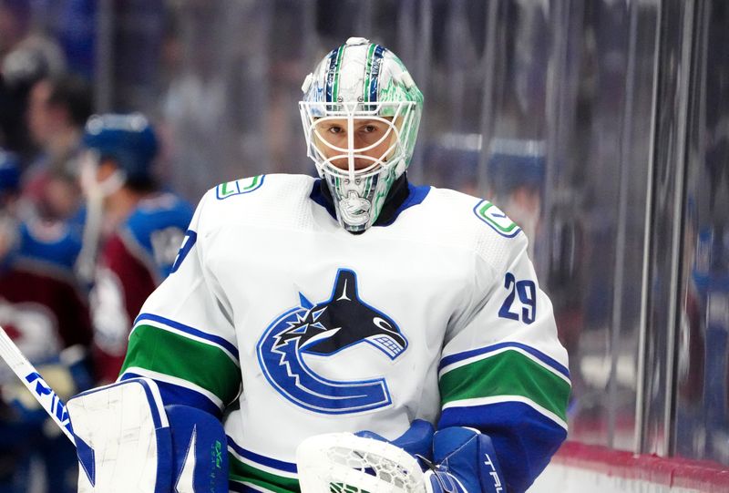 Feb 20, 2024; Denver, Colorado, USA; Vancouver Canucks goaltender Casey DeSmith (29) before the game against the Colorado Avalanche at Ball Arena. Mandatory Credit: Ron Chenoy-USA TODAY Sports