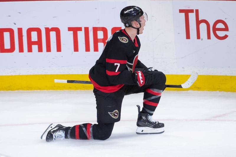 Apr 6, 2024; Ottawa, Ontario, CAN; Ottawa Senators left wing Brady Tkachuk (7) celebrates his goal scored in the third period against the New Jersey Devils at the Canadian Tire Centre. Mandatory Credit: Marc DesRosiers-USA TODAY Sports
