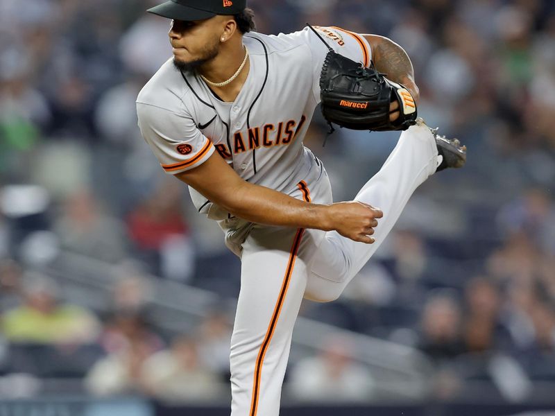 Apr 1, 2023; Bronx, New York, USA; San Francisco Giants relief pitcher Camilo Doval (75) follows through on a pitch against the New York Yankees during the ninth inning at Yankee Stadium. Mandatory Credit: Brad Penner-USA TODAY Sports