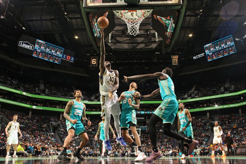 CHARLOTTE, NC - FEBRUARY 4: Pascal Siakam #43 of the Indiana Pacers drives to the basket during the game against the Charlotte Hornets on February 4, 2024 at Spectrum Center in Charlotte, North Carolina. NOTE TO USER: User expressly acknowledges and agrees that, by downloading and or using this photograph, User is consenting to the terms and conditions of the Getty Images License Agreement. Mandatory Copyright Notice: Copyright 2024 NBAE (Photo by Kent Smith/NBAE via Getty Images)