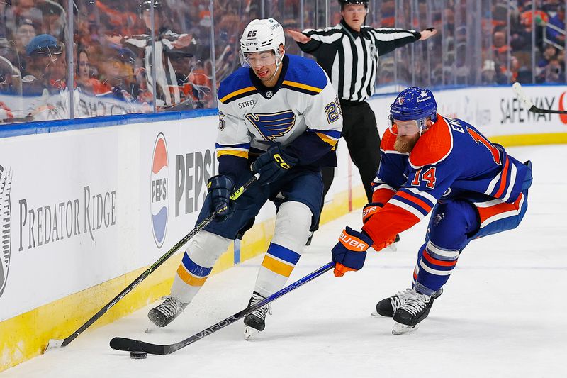 Feb 28, 2024; Edmonton, Alberta, CAN; Edmonton Oilers defensemen Mattias Ekholm (14) knocks the puck away from St. Louis Blues forward Jordan Kyrou (25) during the second period at Rogers Place. Mandatory Credit: Perry Nelson-USA TODAY Sports