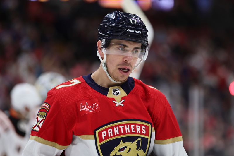 Jan 15, 2024; Sunrise, Florida, USA; Florida Panthers center Evan Rodrigues (17) looks on against the Anaheim Ducks during the second period at Amerant Bank Arena. Mandatory Credit: Sam Navarro-USA TODAY Sports