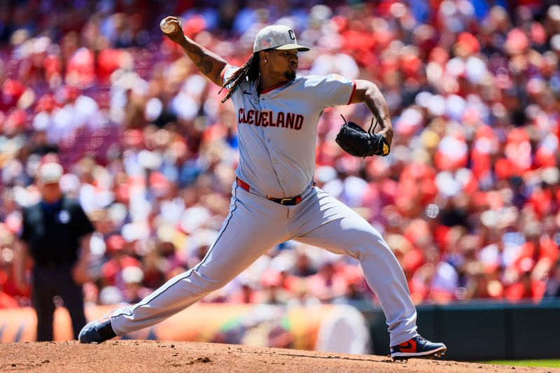 May 18, 2025; Cincinnati, Ohio, USA; Cleveland Guardians starting pitcher Luis Ortiz (45) pitches against the Cincinnati Reds in the first inning at Great American Ball Park. Mandatory Credit: Katie Stratman-Imagn Images