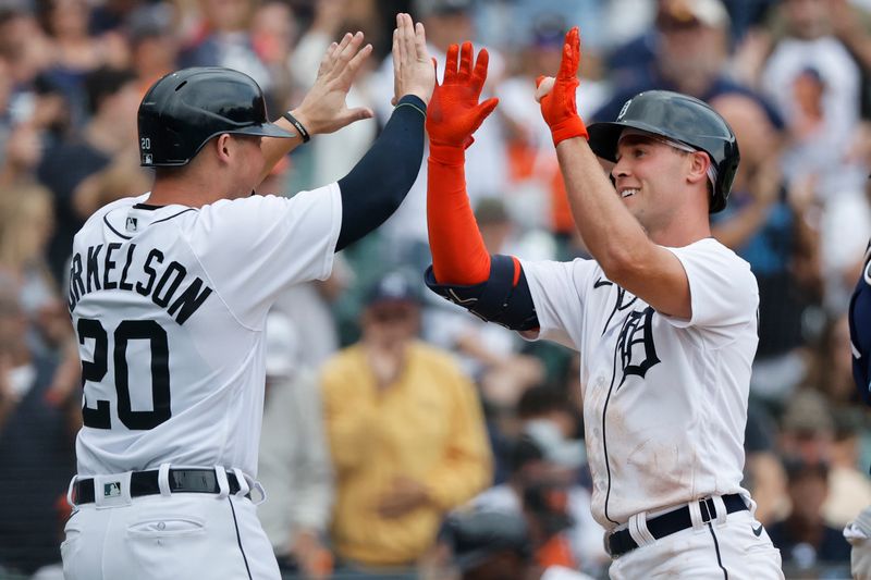 Aug 6, 2023; Detroit, Michigan, USA; Detroit Tigers designated hitter Kerry Carpenter (30) receives congratulations from first baseman Spencer Torkelson (20) after he hits a two run home run in the seventh inning against the Tampa Bay Rays at Comerica Park. Mandatory Credit: Rick Osentoski-USA TODAY Sports