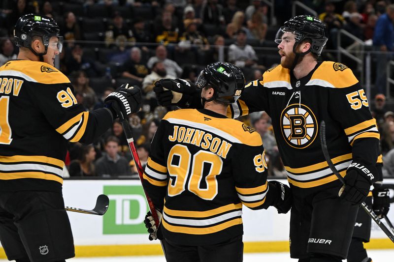 Oct 1, 2024; Boston, Massachusetts, USA; Boston Bruins right wing Justin Brazeau (55) celebrates with defenseman Nikita Zadorov (91) after scoring a goal against the Philadelphia Flyers during the first period at the TD Garden. Mandatory Credit: Brian Fluharty-Imagn Images