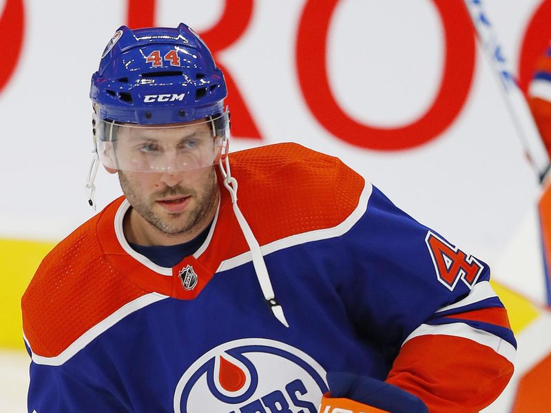 Sep 25, 2022; Edmonton, Alberta, CAN; Edmonton Oilers defensemen Jason Demers (44) skates during warmup against the Winnipeg Jets at Rogers Place. Mandatory Credit: Perry Nelson-USA TODAY Sports