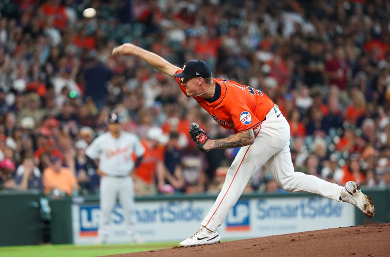 Jun 14, 2024; Houston, Texas, USA;  Houston Astros starting pitcher Hunter Brown (58) pitches against the Detroit Tigers in the first inning at Minute Maid Park. Mandatory Credit: Thomas Shea-USA TODAY Sports