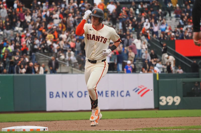 Apr 24, 2024; San Francisco, California, USA; San Francisco Giants second baseman Tyler Fitzgerald (49) rounds the bases on a solo home run against the New York Mets during the seventh inning at Oracle Park. Mandatory Credit: Kelley L Cox-USA TODAY Sports