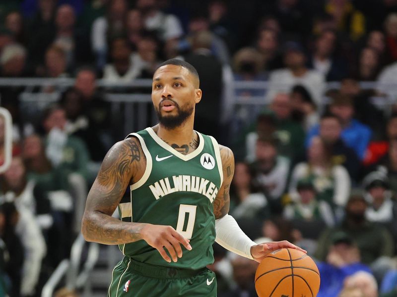 MILWAUKEE, WISCONSIN - DECEMBER 21: Damian Lillard #0 of the Milwaukee Bucks handles the ball during a game against the Orlando Magic at Fiserv Forum on December 21, 2023 in Milwaukee, Wisconsin. NOTE TO USER: User expressly acknowledges and agrees that, by downloading and or using this photograph, User is consenting to the terms and conditions of the Getty Images License Agreement. (Photo by Stacy Revere/Getty Images)