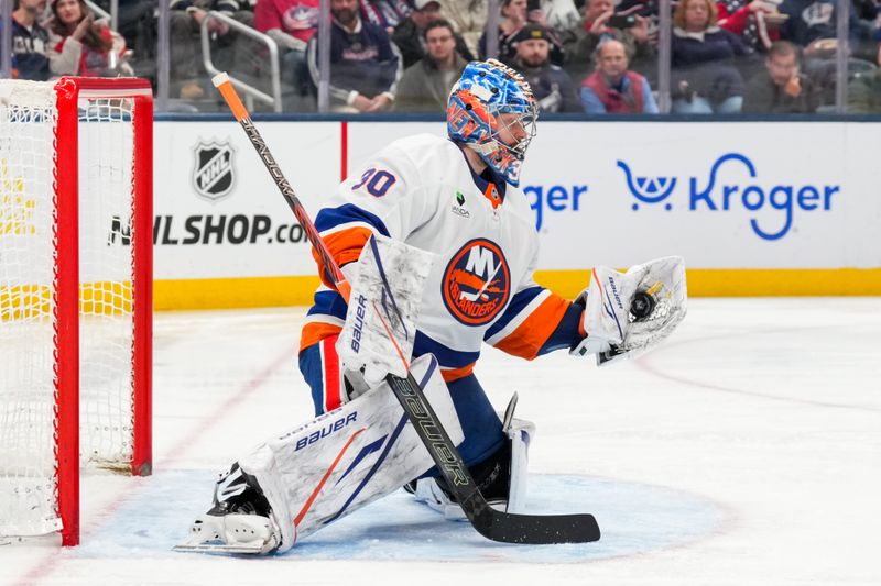Feb 28, 2026; Columbus, Ohio, USA;  New York Islanders goaltender Ilya Sorokin (30) makes a save in net against the Columbus Blue Jackets in the second period at Nationwide Arena. Mandatory Credit: Aaron Doster-Imagn Images
