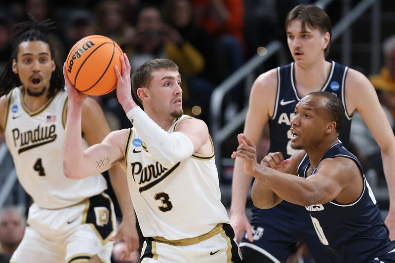 Mar 24, 2024; Indianapolis, IN, USA; Purdue Boilermakers guard Braden Smith (3) looks for a pass as Utah State Aggies guard Darius Brown II (10) defends during the first half at Gainbridge FieldHouse. Mandatory Credit: Trevor Ruszkowski-USA TODAY Sports