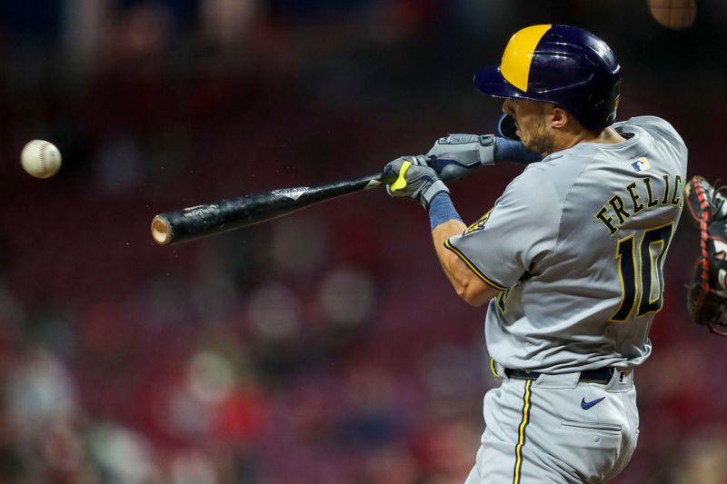 Apr 9, 2024; Cincinnati, Ohio, USA; Milwaukee Brewers outfielder Sal Frelick (10) hits a single against the Cincinnati Reds in the sixth inning at Great American Ball Park. Mandatory Credit: Katie Stratman-USA TODAY Sports