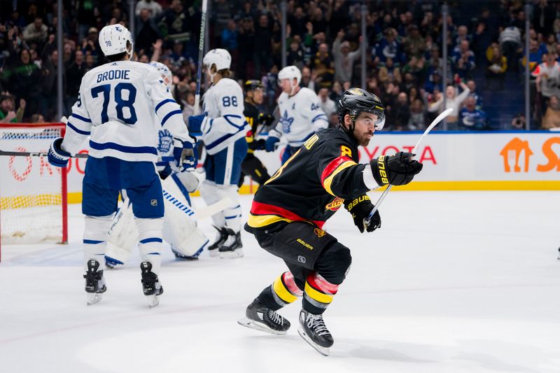 Jan 20, 2024; Vancouver, British Columbia, CAN; Vancouver Canucks forward Conor Garland (8) celebrates a goal against the Toronto Maple Leafs in the first period at Rogers Arena. Mandatory Credit: Bob Frid-USA TODAY Sports