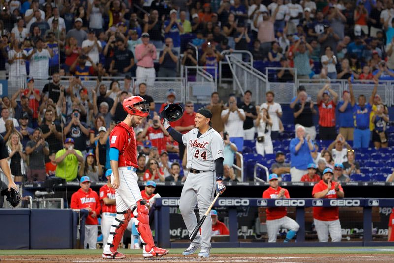 Jul 29, 2023; Miami, Florida, USA; Detroit Tigers designated hitter Miguel Cabrera (24) reacts during a standing ovation prior to his at bat against the Miami Marlins during the second inning at loanDepot Park. Mandatory Credit: Sam Navarro-USA TODAY Sports